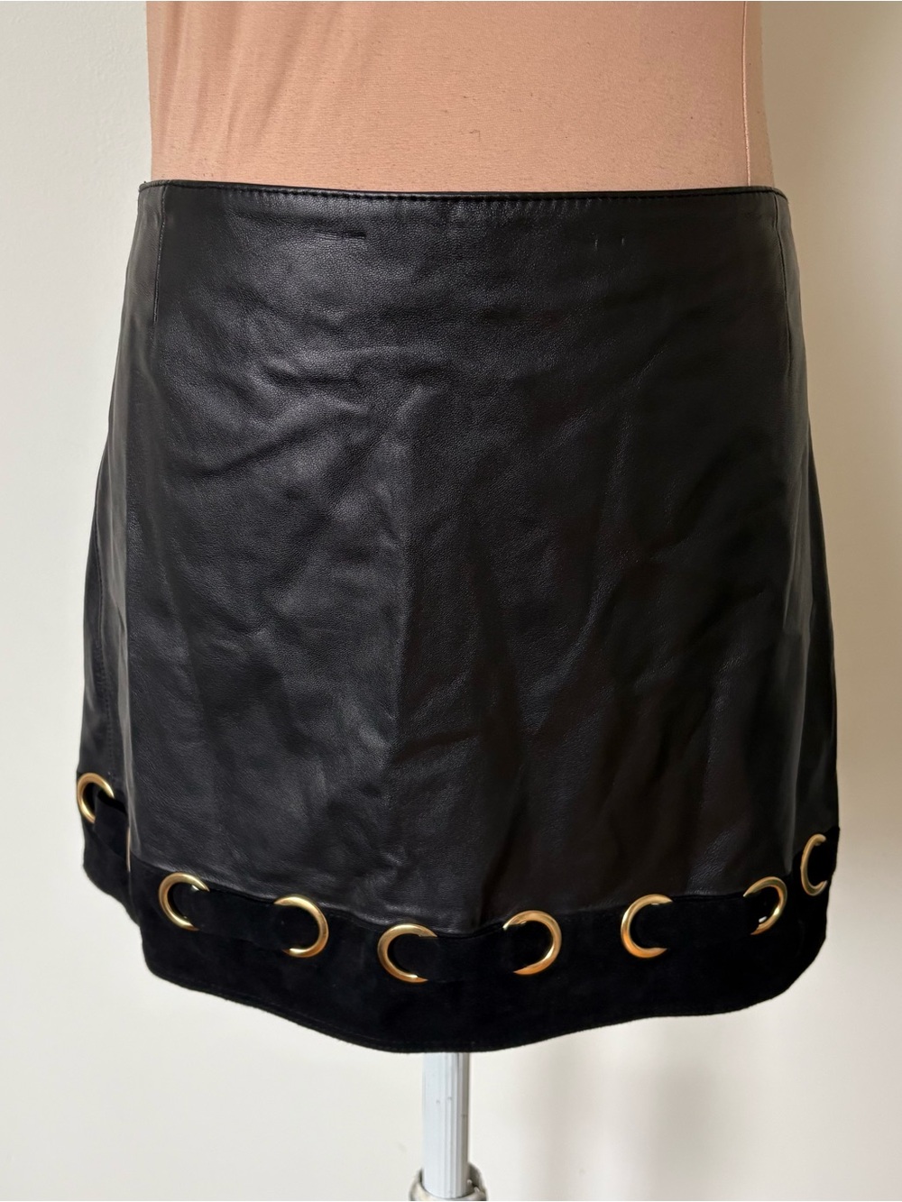 Derek Lam 10 Crosby Eyelet-Embellished Suede-Trim Black Leather Mini Skirt NWT 0